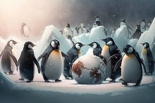 Penguins in Colorful Scarves Play Snowball on Snowy Field - Generative AI