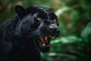 Naklejka na ściany i meble Close up portrait of a black panther in a jungle illustrated using generative Ai