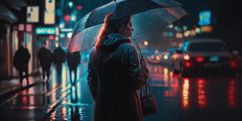 Fototapeta na wymiar Confident Woman Walking in the Rain with Neon Reflections - Generative AI