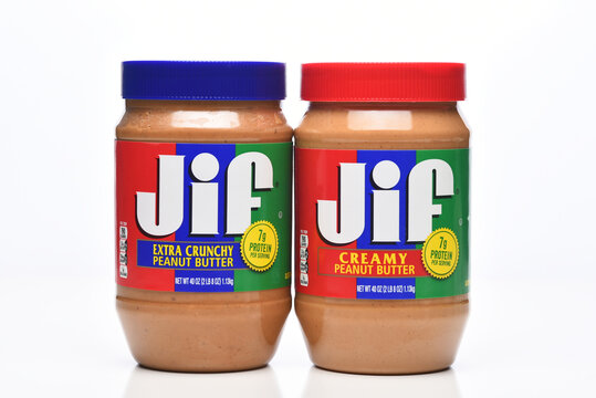 IRVINE, CALIFORNIA - 29 APR 2023: Two 40 ounce jars of Jif Peanut Butter, Creamy and Extra Crunchy
