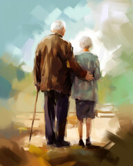 A young woman holding hands with an elderly man emphasizing that friendships can come in any form. Psychology emotions concept. AI generation. Generative AI