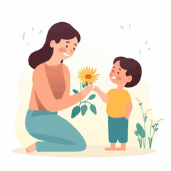 Child smiling and giving his mom flower