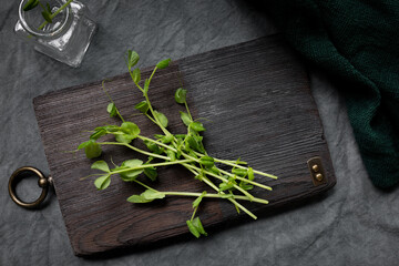 Bunch of cut micro greens on old wooden board with metal decorative elements for culinary theme...