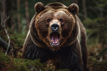 Close up portrait of a grizzly bear in a forest illustrated using generative Ai - obrazy, fototapety, plakaty