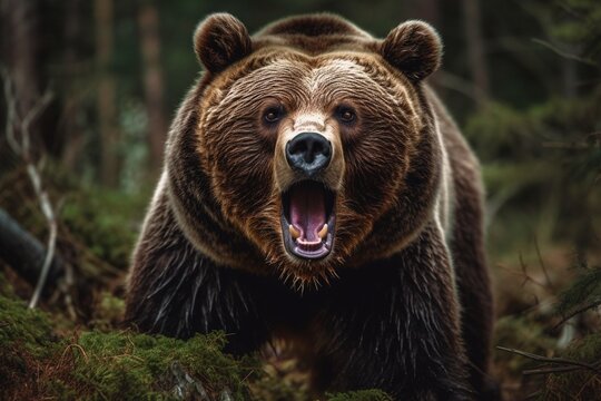 Close Up Portrait Of A Grizzly Bear In A Forest Illustrated Using Generative Ai