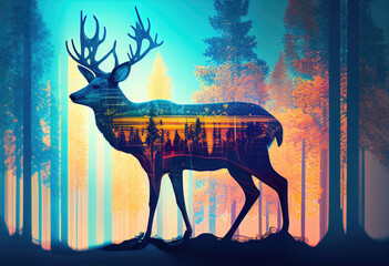 Deer and forest double exposure in vibrant colors on a beautiful background. Generative AI.