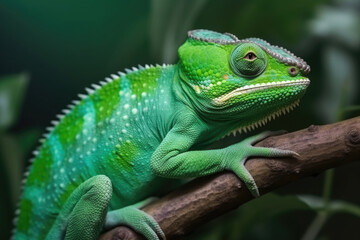 Obraz premium Green colored chameleon vibrant color, beautiful chameleon, closeup. Generative AI.