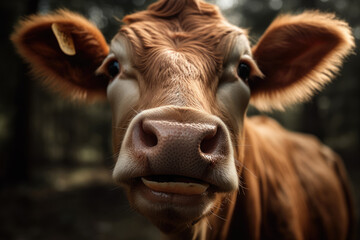 A smiling cow's head fills the frame, with its big eyes, round nostrils, and grinning mouth. The light highlights the cow's soft brown fur and creates shadows around its features. Generative ai.