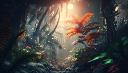 Obraz na płótnie Canvas tropical forest in the golden hour, amazing plants and lush enviroment, Generative AI, Generative, AI, deep in a magical jungle, lush mystical plants, amazing vibrant colours, glowing plants, sun beam