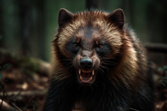 Close up portrait of a wolverine in a forest illustrated using generative Ai