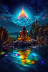 Jesus sitting in a fantasy world, Jesus in a metaverse world, Beautiful calm landscape, mountains and rivers, trees and moonlight, praying in calm environment, meditations, Jesus after resurrect