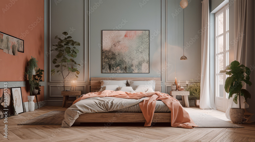 Wall mural modern bedroom interior design in pastel colors. generative ai