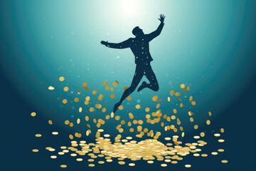 Fototapeta na wymiar A person wearing a business suit jumping into a swimming pool full of coins – An image of the joy and freedom that comes with having. AI generation. Generative AI