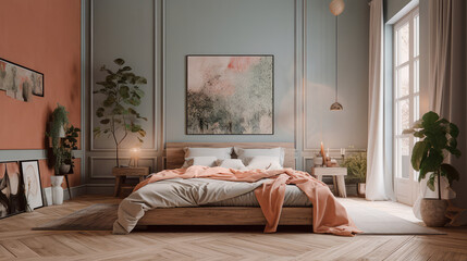 Modern bedroom interior design in pastel colors. Generative AI