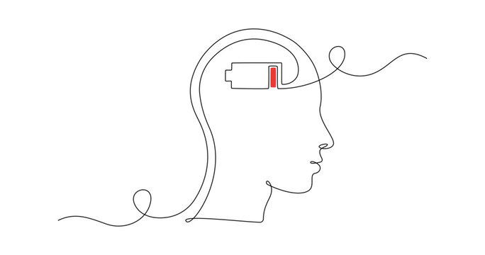 One continuous line drawing of head with low battery level. Mental health headache and burnout concept in simple linear style. Editable stroke. Doodle vector illustration Generative AI
