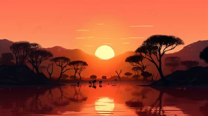 Zelfklevend Fotobehang Landscape painting in African culture style. African traditional. illustration created with ai. red and dark style © Enrique