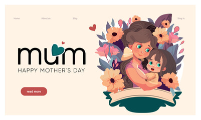 Happy mothers day illustration with woman holding a Flowers. Thank you card with blooming flowers. Use for Boarding Pass, birthday card, invitations, Birthday card Vector illustration Generative AI