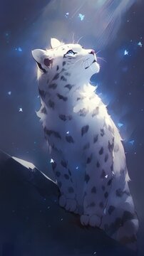 snow leopard gazing sky white kitty cat sitting rock looking anthropomorphic digital ice cry gaze breathtaking full silhouette cold tones, generative ai