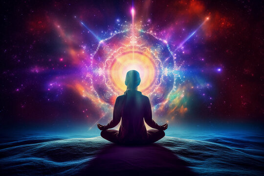 cosmic rebirth, life creation through, deep meditation and chakras, focus point, meditation, Generative AI