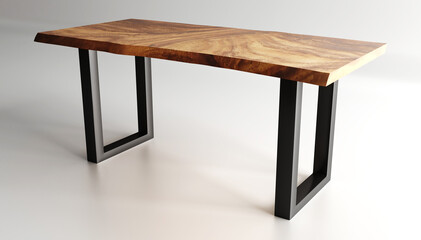 Wooden lacquered table with black metal legs on white background. Modern live edge elm slab coffee table with inner knot in bizarre pattern shape and tree table.