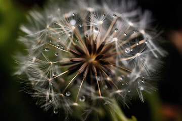 dandelion seed macro. parachutes dandelion on a dark background. AI generated content.