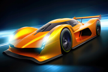 Obraz na płótnie Canvas An orange and yellow race car with blazing headlights roaring ahead with its hybrid engine to dominate the track. Speed drive concept. AI generation. Generative AI