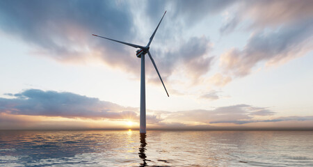 Ocean Wind Farm. Windmill farm in the ocean. Offshore wind turbines in the sea. Wind turbine from aerial view, 3d rendering.
