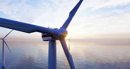 ULTRA HD. Offshore wind turbines farm on the ocean. Close up view. Sustainable energy production, clean power.  © adobedesigner