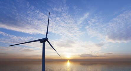 Windmill park. Offshore wind turbines farm on the ocean. Sustainable energy production. Green Energy, clean power, clean energy concept.  © adobedesigner