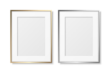 Vector 3d Realistic Gray and Yellow Metal, Silver and Golden Color Decorative Vintage Frame Set, Border Icon Closeup Isolated. A4, A5 Vertical Photo Frame Design Template for Picture, Border Design