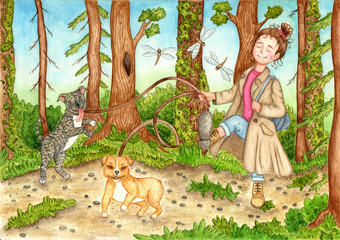 Watercolor illustration of a happy girl walking in the park with two dogs, red and black. A joyful child walks with his pets in a beautiful fairytale forest. Drawn by hand.