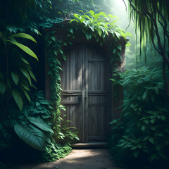 closed door in the forest. secret door into the jungle