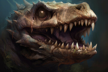 Ancient teeth as razorsharp as ever protruding from an intimidating jaw. AI generation. Generative AI