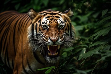 Obraz premium Close up portrait of a tiger in the jungle illustrated using generative Ai