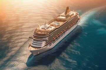 Luxury cruise liner at sea aerial view from drone. AI generated, human enhanced.