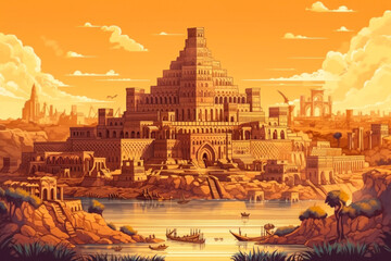 Ancient city of Babylon with the tower of Babel, bible and religion. AI generated, human enhanced