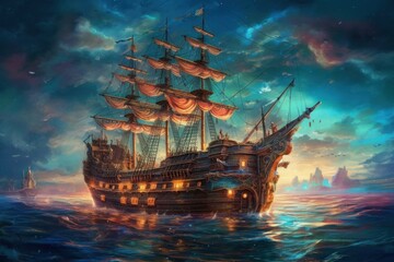 Pirate ship. Backdrop or background with copy space. AI generated, human enhanced.