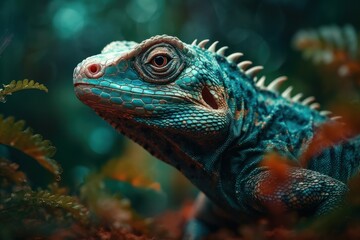 Fototapeta premium Green colored chameleon close up. AI generated, human enhanced