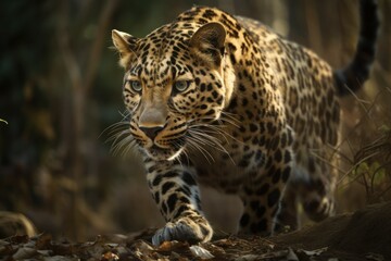 Beautiful leopard. Background with selective focus and copy space. AI generated, human enhanced