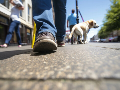 A close up of a disabled person with a guide dog going for a walk. AI generation. Generative AI
