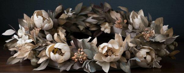 An eyecatching wreath made out of delicate foliage and dazzling petals.. AI generation. Generative AI
