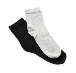 Different socks isolated on white, top view