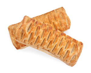 Fresh tasty puff pastry on white background, top view
