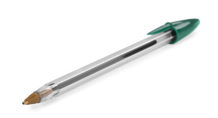 New green plastic pen isolated on white, closeup