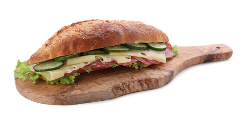 Delicious sandwich with cucumber, cheese, salami and lettuce leaves isolated on white