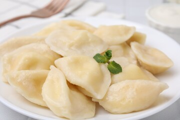 Plate of delicious dumplings (varenyky) with cottage cheese, closeup