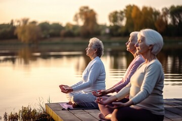Three graceful senior women enjoy the serenity of nature while practicing yoga by the tranquil waters of a beautiful lake. Ai generated.