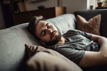 A young man falls exhausted and tired in the sorá at home, for a nap after exhausting work. Ai generated. - obrazy, fototapety, plakaty