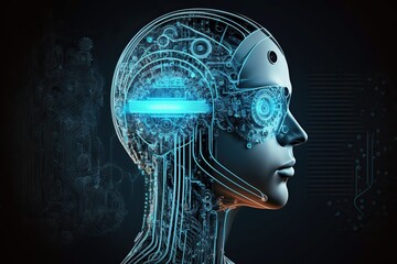 Obraz premium Illustration cybernetic woman, artificial intelligence thoughts in the human mind. Ai generated.