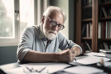  lifetime of memories to capture, the elderly gentleman pens his life story with heartfelt reflection. Ai generated. - obrazy, fototapety, plakaty